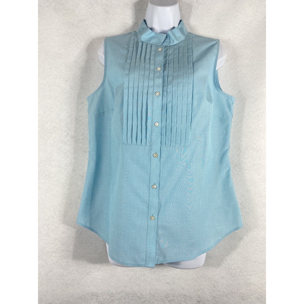 Talbots Top Women's 12 Blue Pleated Wrinkle Resistant Button Up Sleeveless NWT